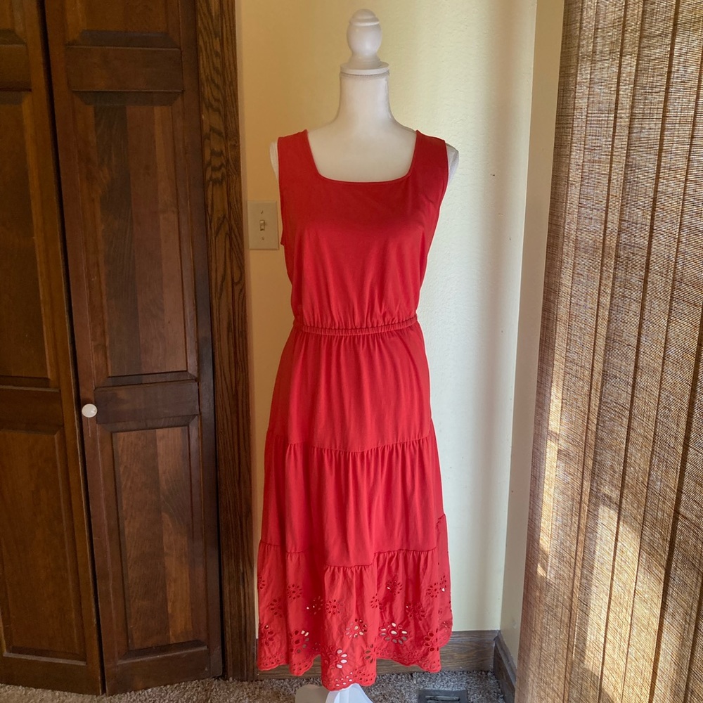 EUC stretch Talbots maxi dress, sleeveless/eyelet, orange, elastic waist, sz XLP